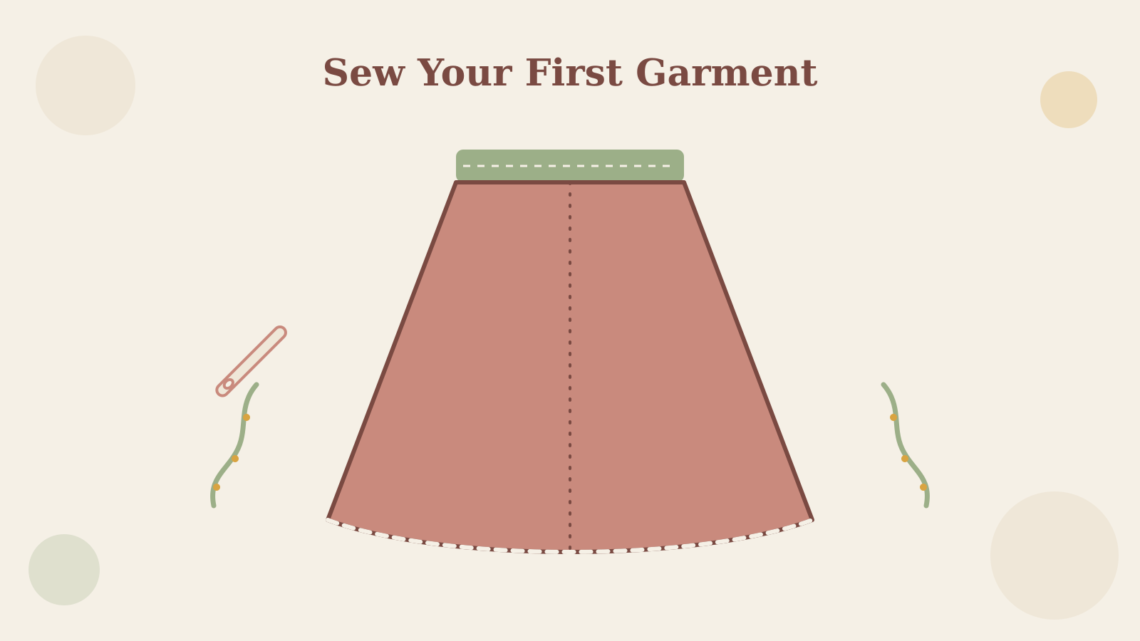 Flat illustration of an A-line skirt pattern with needle and thread, in dusty rose and sage green